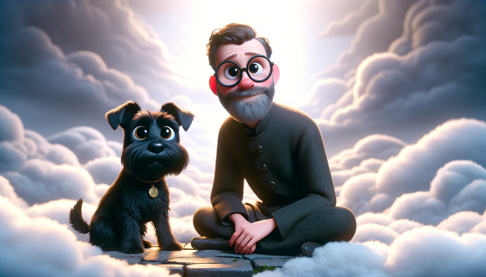 DALL·E 2023-11-13 10.25.17 – Create an image in the Pixar animation style, featuring a small, all-black terrier dog with large, expressive eyes and a shiny coat, named Milo, and a