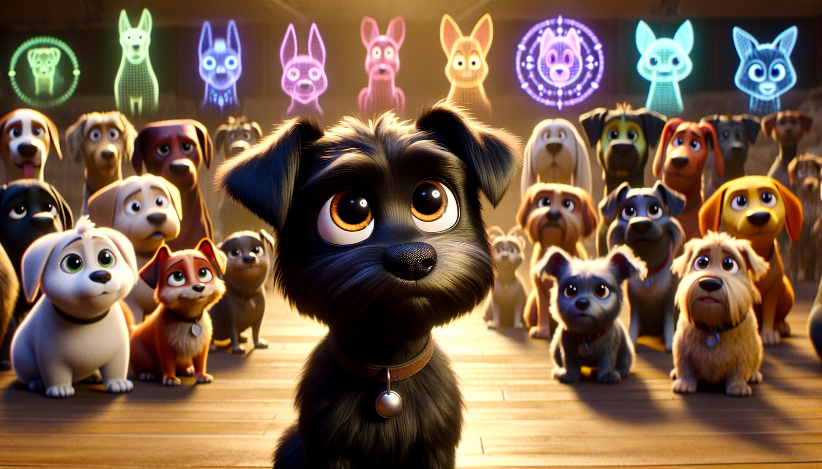 DALL·E 2023-12-02 16.18.33 – Create an image in a Pixar animation style, featuring Milo, a small, completely black terrier dog with large, expressive eyes, as the leader in a gath