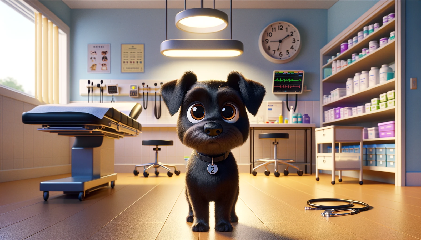 DALL·E 2023-12-18 11.25.23 – A small, completely black terrier dog with large, expressive brown eyes, standing proudly in the center of a veterinarian’s clinic. The clinic is mode