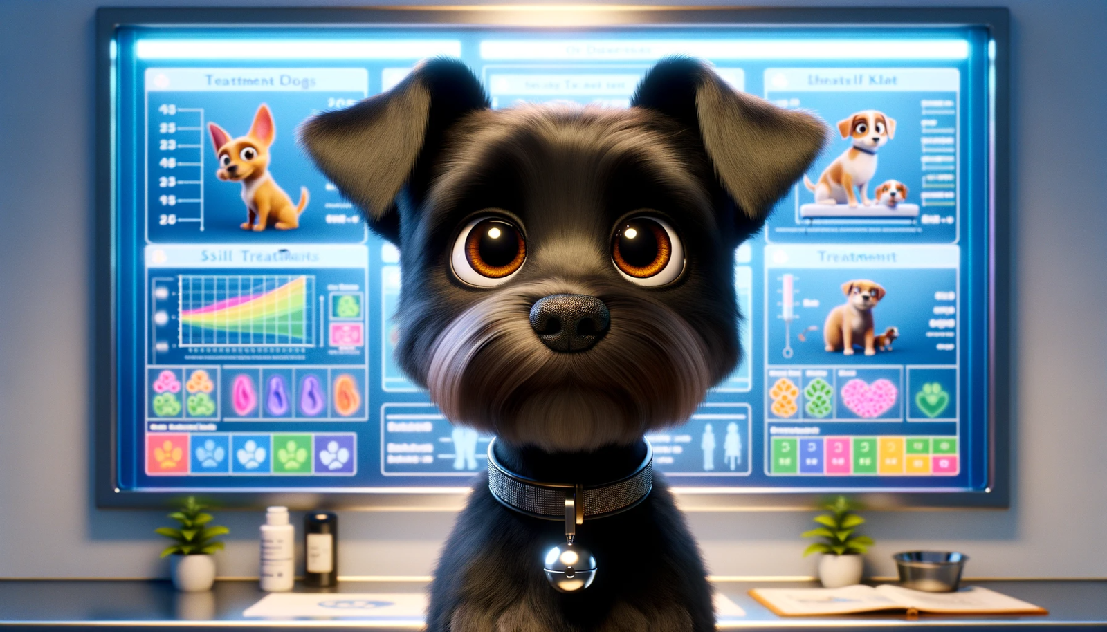 DALL·E 2023-12-18 11.30.12 – A small, completely black terrier dog with large, expressive brown eyes, named Milo, attentively looking at screens displaying various medical treatme