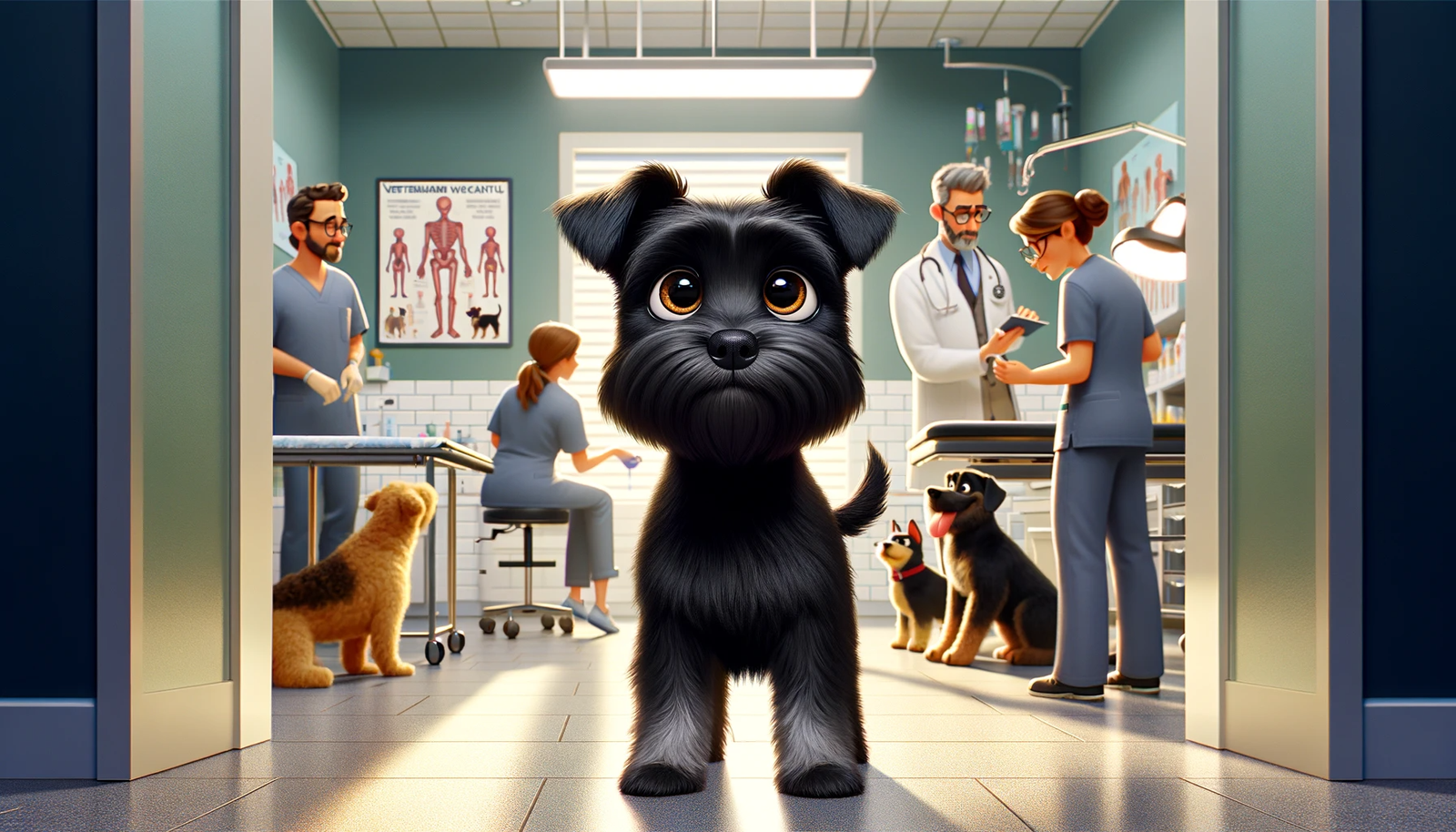 DALL·E 2023-12-18 11.32.36 – A small, completely black terrier dog with large, expressive brown eyes, named Milo, observing other dogs during their veterinary consultations. Milo
