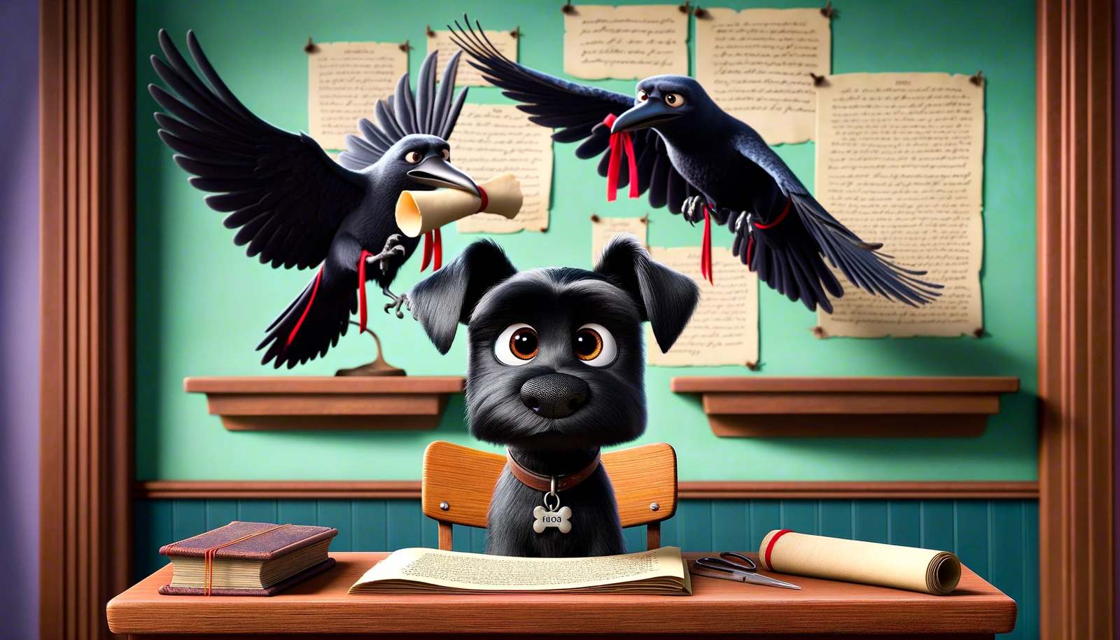 DALL·E 2023-12-19 09.46.38 – A small, completely black terrier dog with large, expressive brown eyes, named Milo, sitting at a desk in a classroom setting. Behind him, two ravens