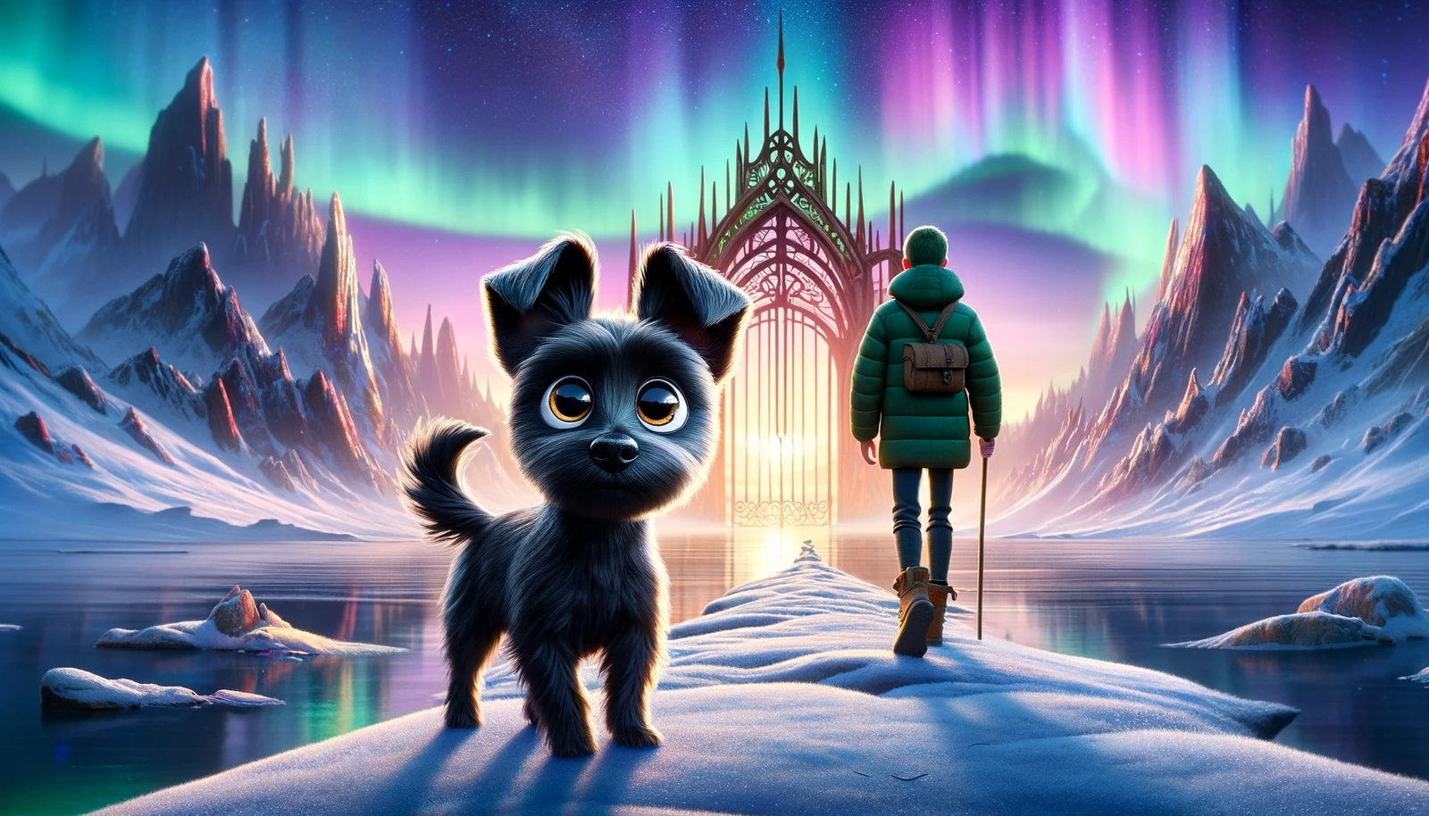 DALL·E 2023-12-21 11.26.35 – A Pixar-style animated scene of a person walking with a small, completely black terrier dog with large, expressive eyes, named Milo, towards a mythica